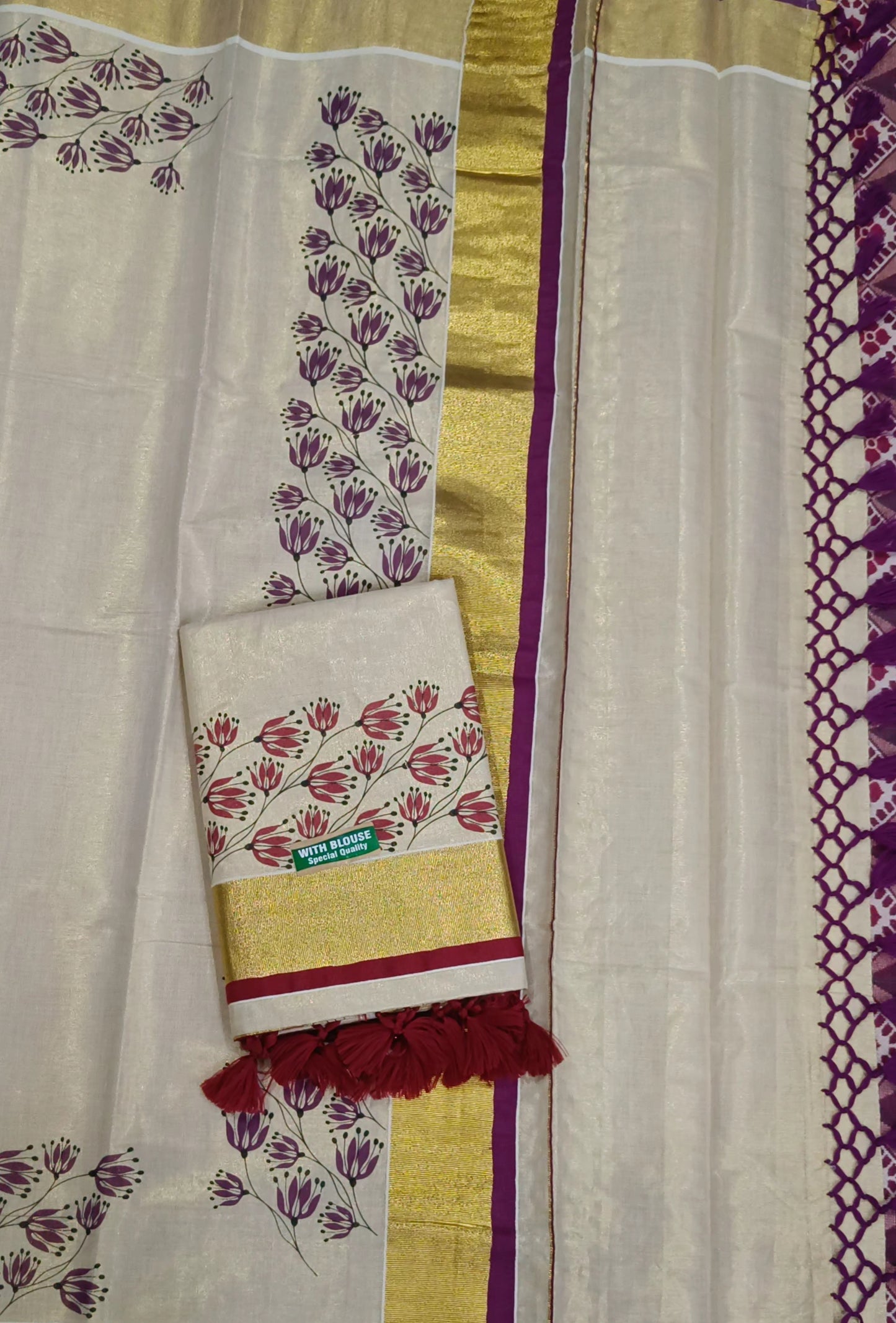 Savitri Pure Handloom Tissue Saree with tussles (with blouse)