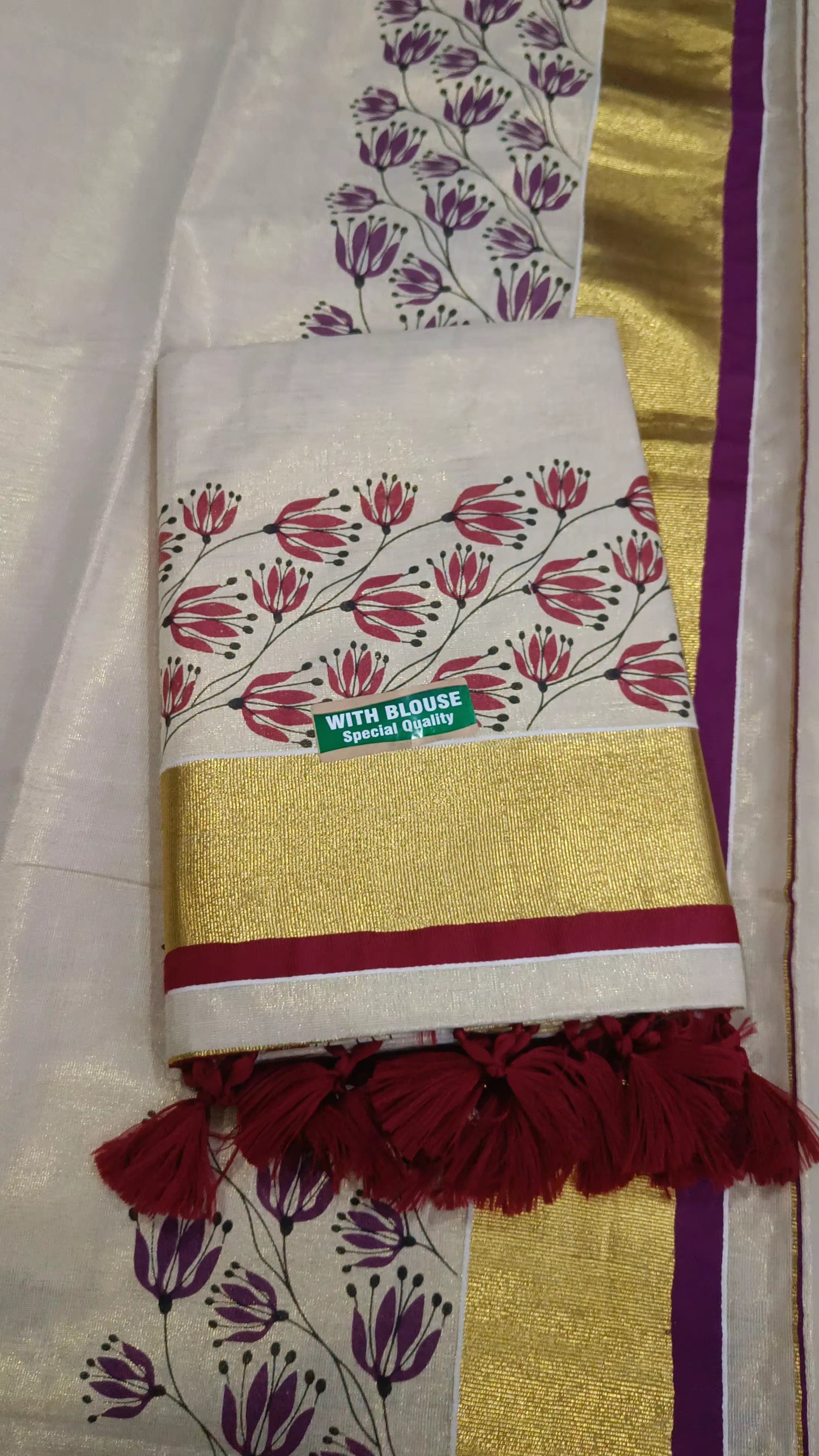 Savitri Pure Handloom Tissue Saree with tussles (with blouse)